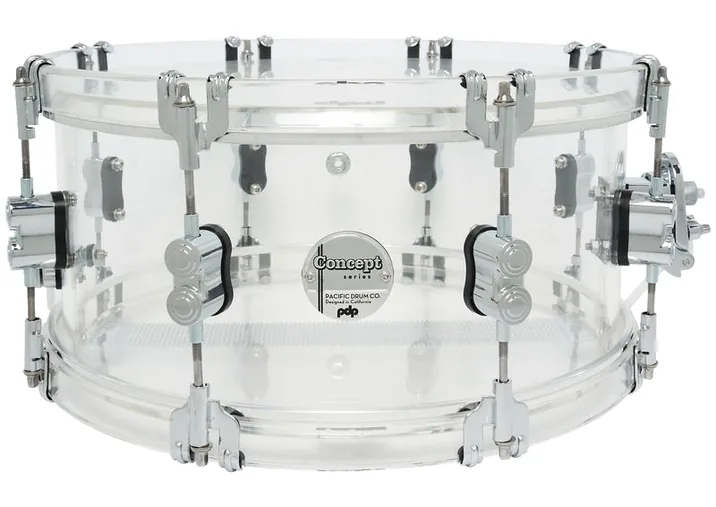 DW PDP 14"x6.5" SN Clear Acrylic, dettaglio frontale